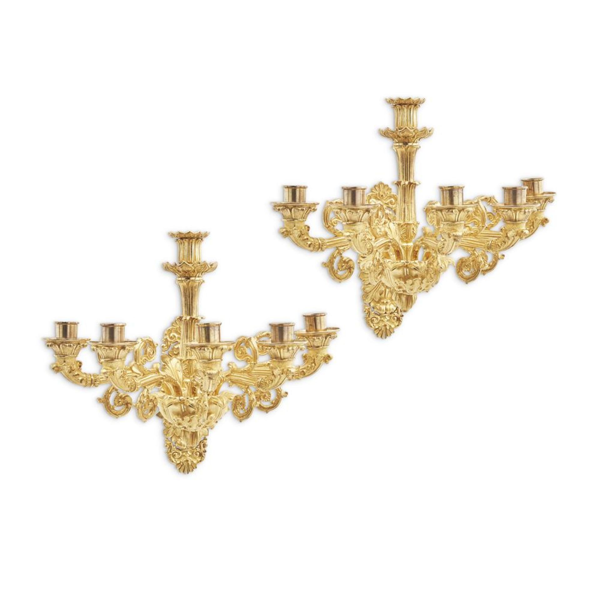 A PAIR OF CHARLES X ORMOLU FIVE LIGHT WALL APPLIQUES FRENCH, CIRCA 1835/1845