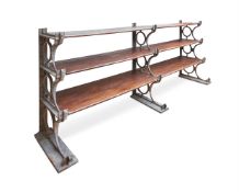 AN INDUSTRIAL CAST IRON AND OAK SHELVING FRENCH, CIRCA 1900