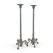 A PAIR OF VERDIGRIS PATINATED CAST IRON TORCHÈRES, LATE 19TH CENTURY