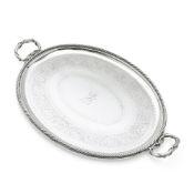 AN OVAL SILVER PLATED TWIN HANDLED TRAY ENGLISH, LATE 19TH CENTURY