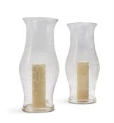 TWO ETCHED GLASS HURRICANE STORM LAMPS, MODERN