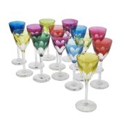 A HARLEQUIN SET OF FOURTEEN VAL ST LAMBERT 'NESTOR' TALL STEMMED COLOURED WINE GLASSES, CIRCA 1950