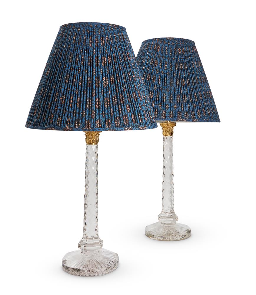 A PAIR OF BRONZE MOUNTED FACET CUT GLASS LAMP BASES BY GUINEVERE