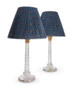 A PAIR OF BRONZE MOUNTED FACET CUT GLASS LAMP BASES BY GUINEVERE