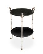 A PAIR OF SILVER PLATE ON CAST BRASS AND SLATE ÉTAGÈRE TABLESBY GUINEVEREThe dished two tiers with