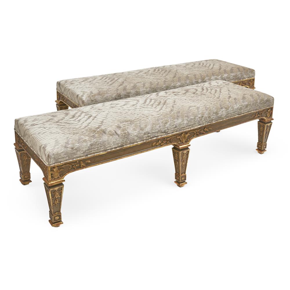 A PAIR OF VICTORIAN PAINTED AND PARCEL GILT BENCHES IN CONTINENTAL TASTE