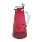 AN EDWARDIAN CRANBERRY GLASS AND SILVER MOUNTED CLARET JUG HEATH & MIDDLETON, BIRMINGHAM 1907