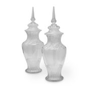 A PAIR OF FRENCH OR LOW COUNTRIES CUT GLASS BALUSTER VASES WITH SPIRE FINIAL