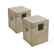 A PAIR CHINESE VELLUM COVERED CUBE TRUNK BY GUINEVERE