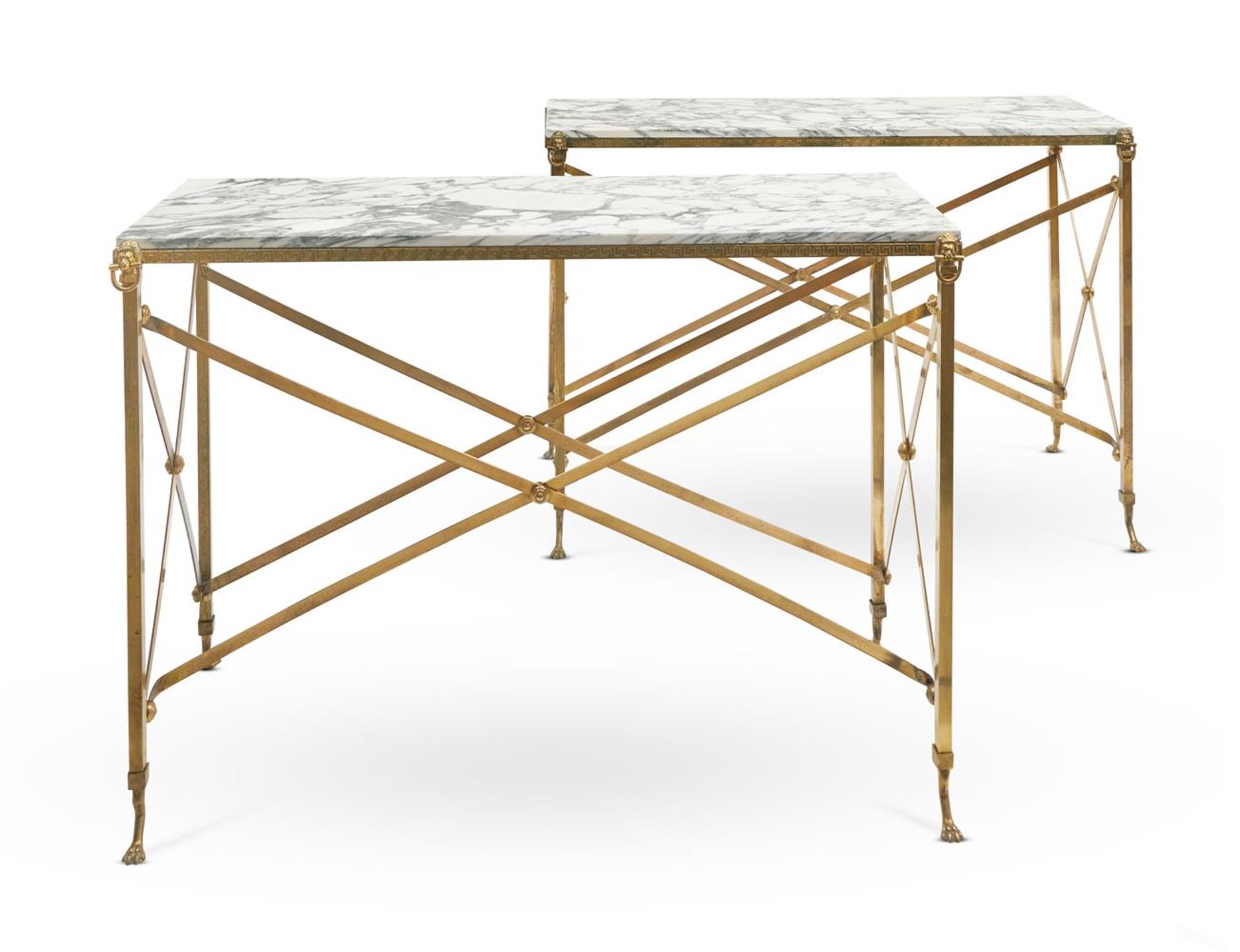 A PAIR OF GILT METAL RECTANGULAR CONSOLE TABLES IN CAMPAIGN STYLE ATTRIBUTED TO ERAIIS