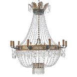 A LARGE EMPIRE GILT AND TOLE PEINTE TENT FORM TEN LIGHT CHANDELIER FRENCH, CIRCA 1810