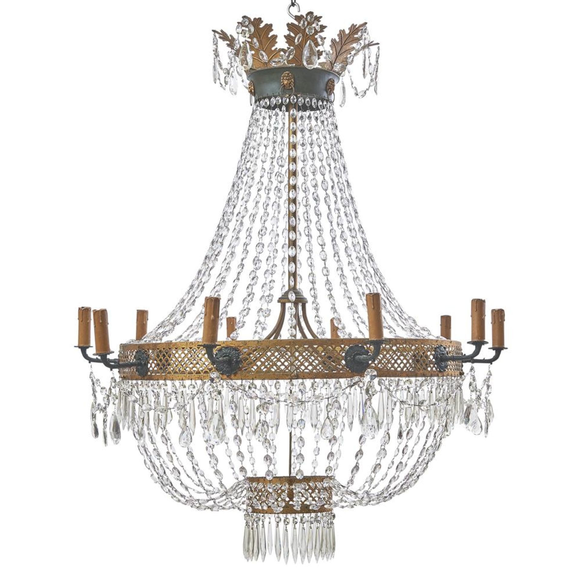 A LARGE EMPIRE GILT AND TOLE PEINTE TENT FORM TEN LIGHT CHANDELIER FRENCH, CIRCA 1810