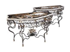A PAIR OF ITALIAN WROUGHT IRON AND PIETRA DURA TOPPED CONSOLE TABLES, 20TH CENTURY