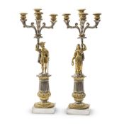 A PAIR OF SILVERED AND GILT BRONZE RENAISSANCE REVIVAL FOUR LIGHT CANDELABRA FRENCH