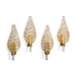 A SET OF FOUR MURANO MOULDED GILT GLASS LEAF FORM WALL LIGHTS IN THE BAROVIER AND TOSO STYLE, MODERN