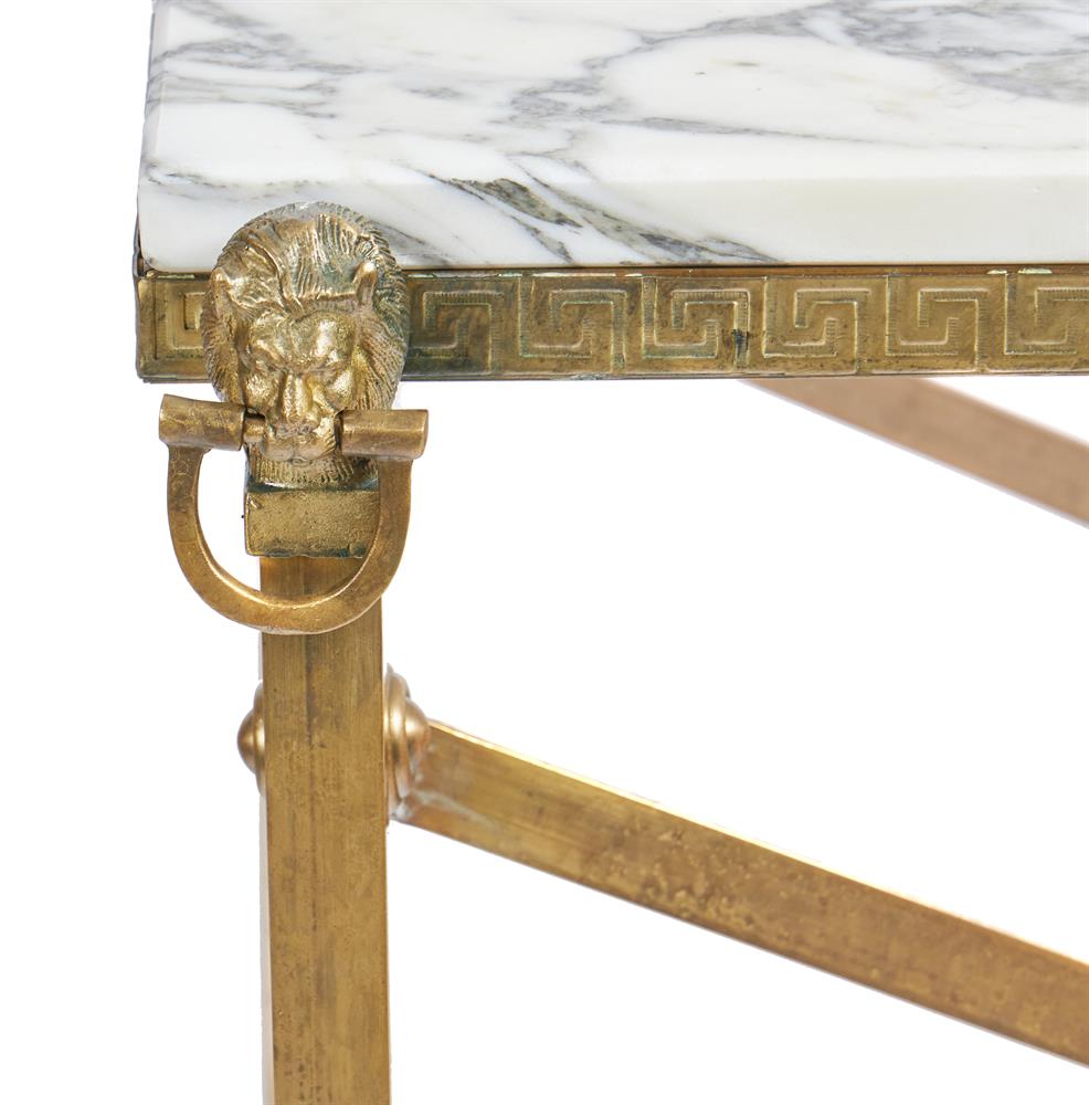 A PAIR OF GILT METAL RECTANGULAR CONSOLE TABLES IN CAMPAIGN STYLE ATTRIBUTED TO ERAIIS - Image 2 of 3