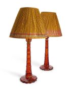 A PAIR OF AMBER COLOUR GLASS 'LIGHTHOUSE' TABLE LAMPS BY GUINEVERE