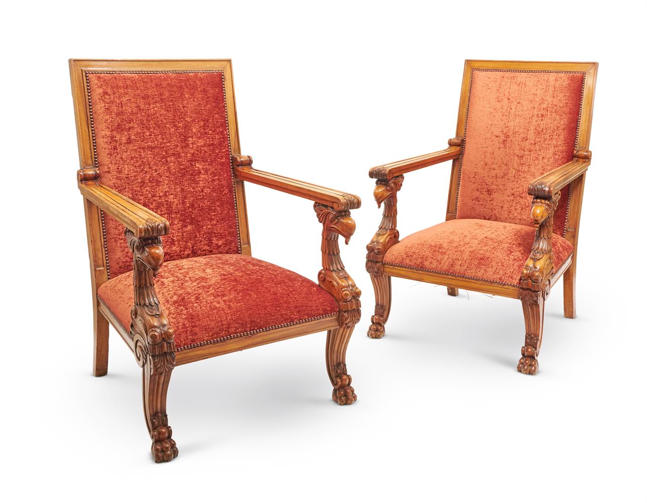 A PAIR OF MAHOGANY AND PIERRE FRAY VELOUR UPHOLSTERED ARMCHAIRS, MID 19TH CENTURY
