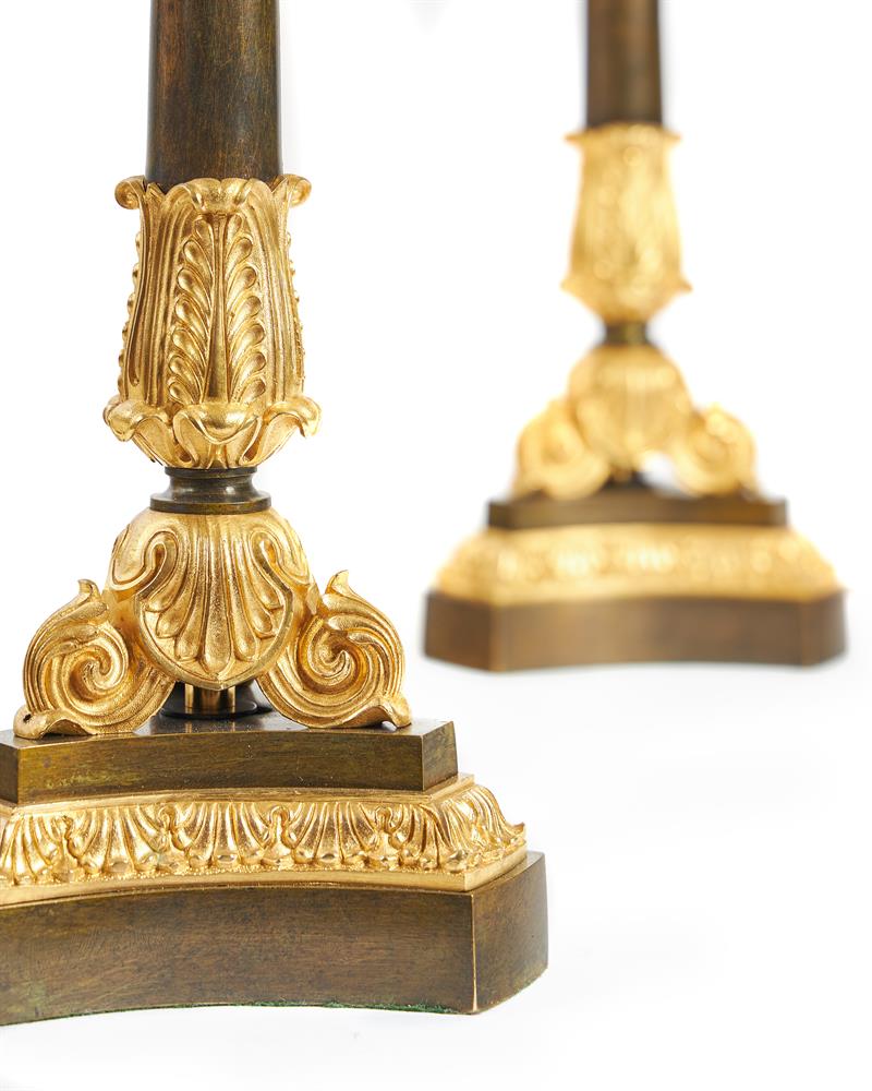 A PAIR OF EMPIRE STYLE GILT AND PATINATED BRONZE LAMPS, LATE 19TH/EARLY 20TH CENTURY - Image 2 of 3