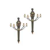 A PAIR OF PAINTED GREEN IRON AND BRONZE FOUR ARM WALL SCONCES FRENCH, CIRCA 1950