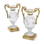 A PAIR OF FRENCH GILT METAL MOUNTED CUT GLASS TWO HANDLES VASES, SECOND QUARTER 19TH CENTURY