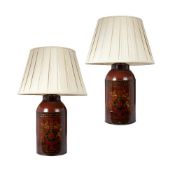 A PAIR OF PAINTED METAL 'CANISTER' LAMPS IN VICTORIAN TASTE