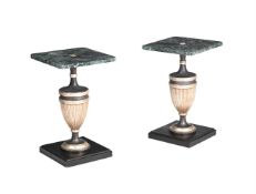 A PAIR OF PAINTED WOOD AND MARBLE TOPPED LOW OCCASIONAL TABLES