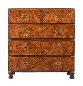 A VICTORIAN BURR WALNUT CAMPAIGN CHEST OF DRAWERS