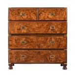 A VICTORIAN BURR WALNUT CAMPAIGN CHEST OF DRAWERS