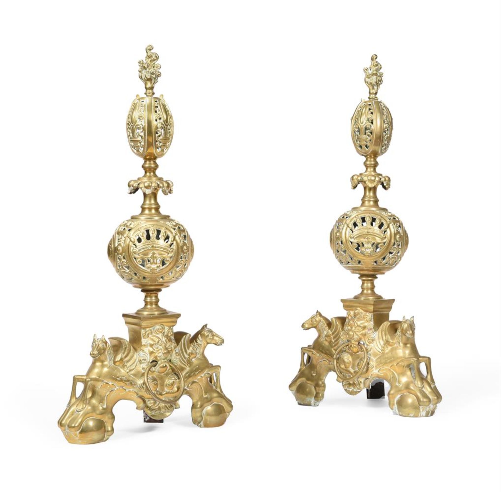 A PAIR OF GILT METAL ANDIRONS OF PIERCED BALUSTER FORM - Image 2 of 7