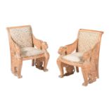 A PAIR OF LIMED BEECH AND PARCEL GILT ARMCHAIRS IN EMPIRE TASTE