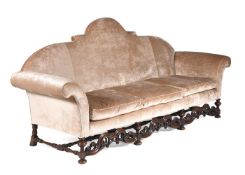 ANOTHER LARGE WALNUT AND UPHOLSTERED SOFA, IN WILLIAM & MARY STYLE