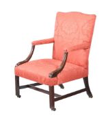 A GEORGE III MAHOGANY AND UPHOLSTERED ARMCHAIR