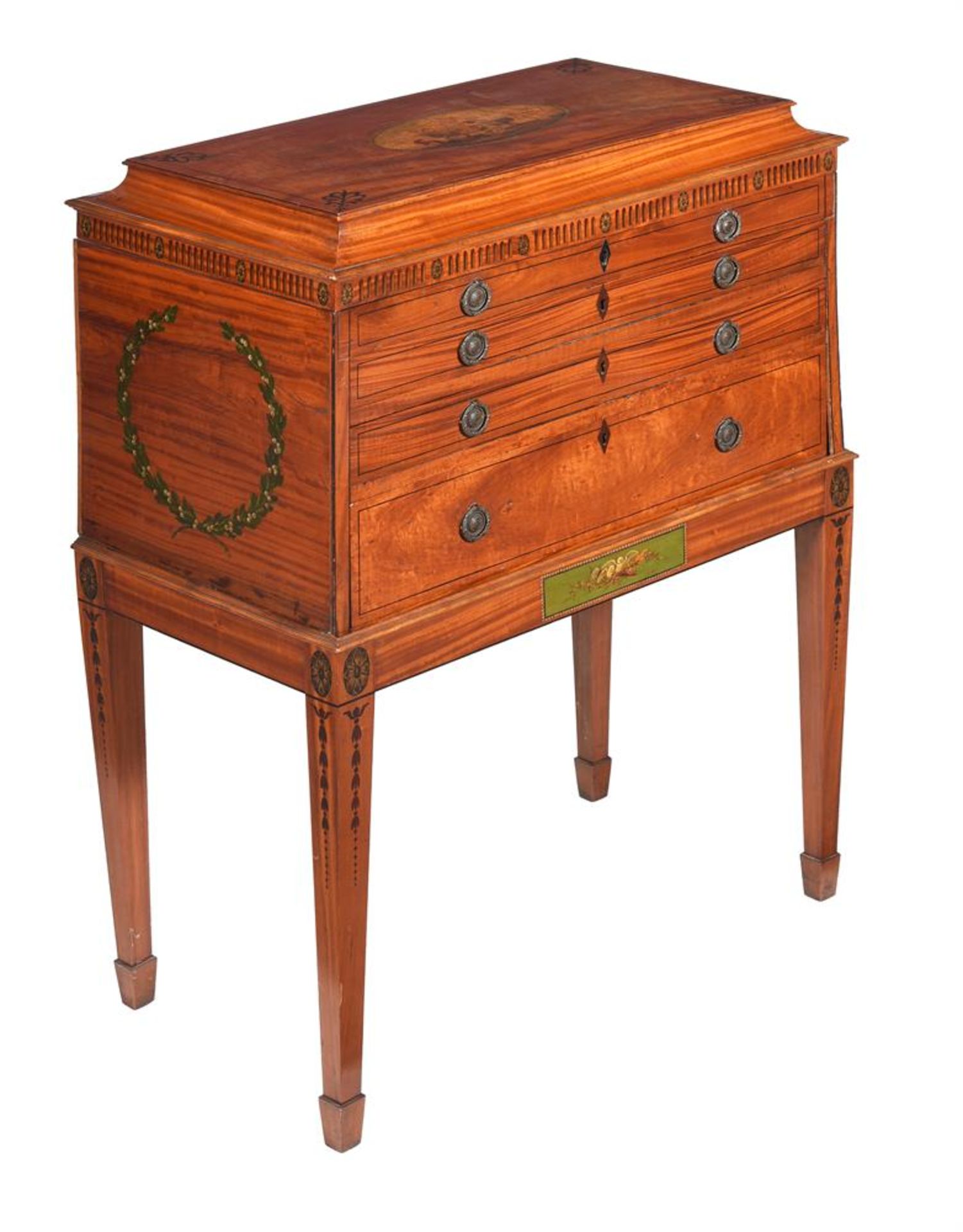 A SATINWOOD AND POLYCHROME PAINTED CHEST ON STAND
