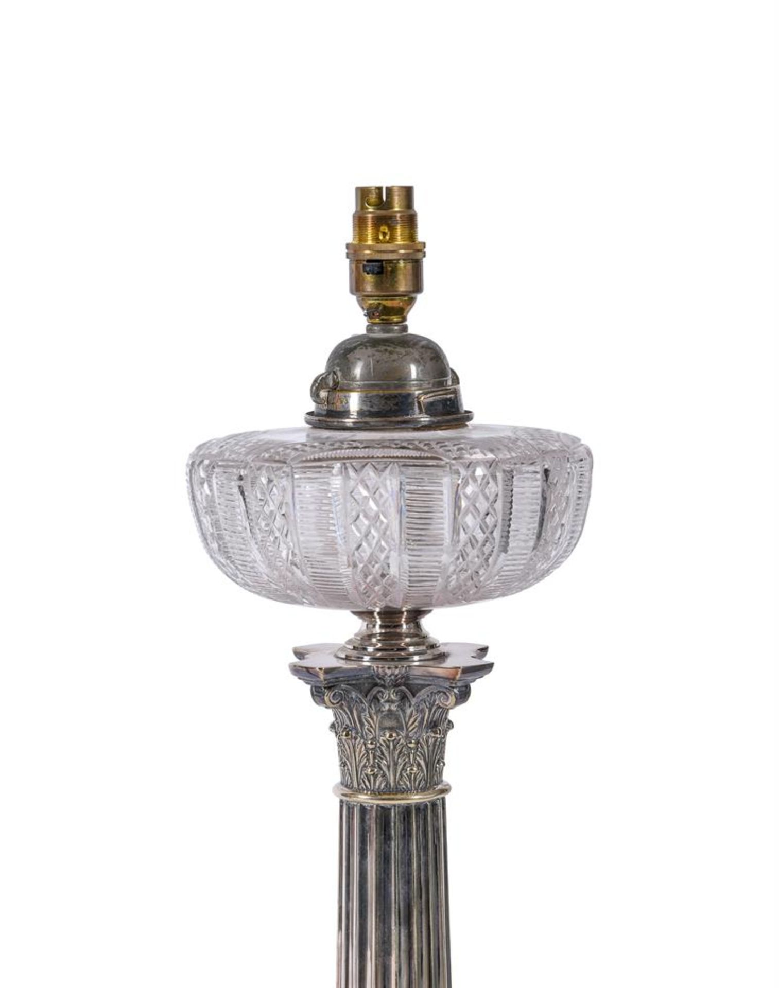 A PAIR OF SILVER PLATED COLUMNAR OIL LAMPS - Image 2 of 2