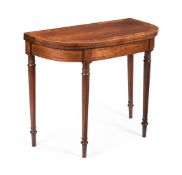 Y A LATE GEORGE III ROSEWOOD AND BURR YEW CROSSBANDED FOLDING CARD TABLE