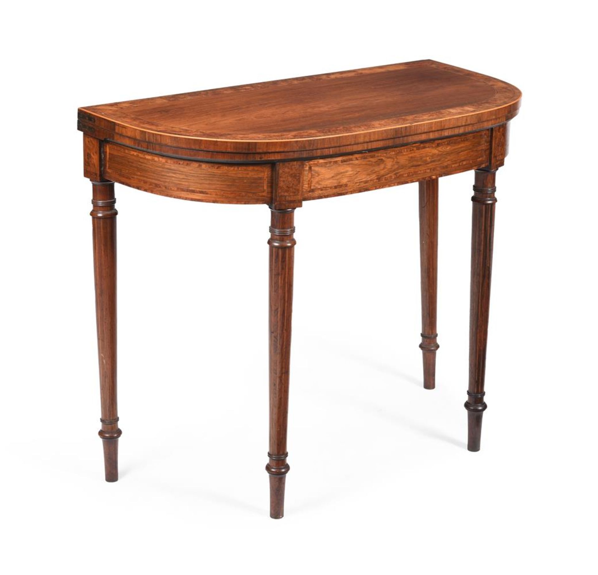 Y A LATE GEORGE III ROSEWOOD AND BURR YEW CROSSBANDED FOLDING CARD TABLE