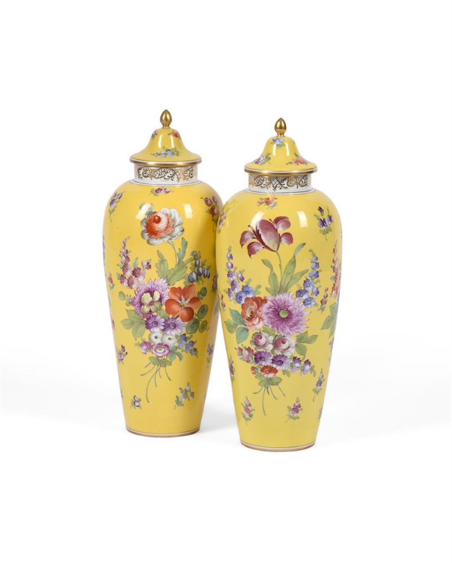 A PAIR OF DRESDEN YELLOW GROUND SLENDER OVOID VASES AND COVERS - Image 3 of 3