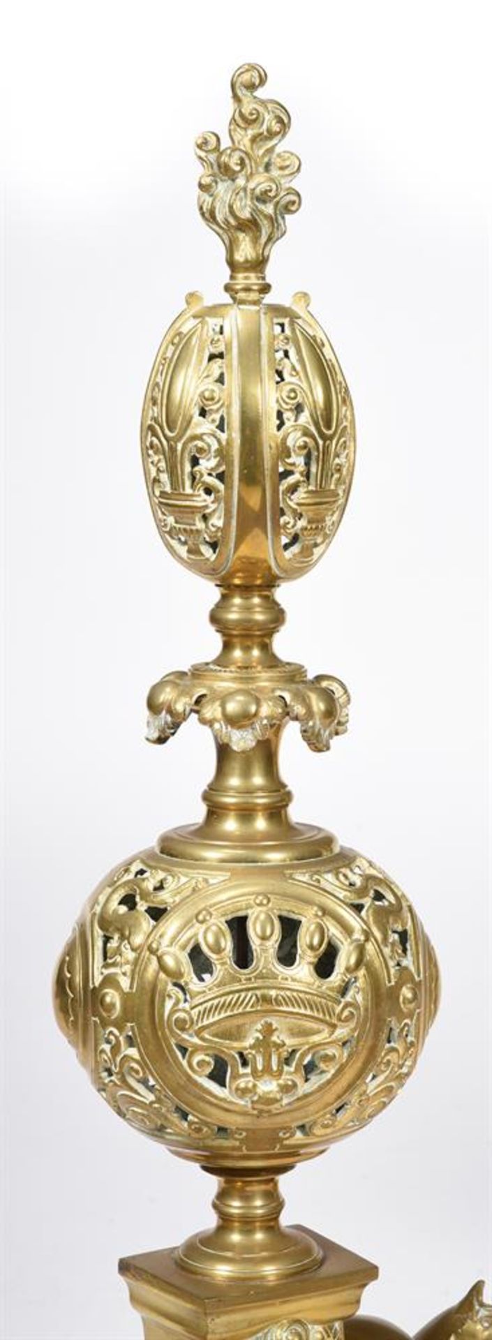 A PAIR OF GILT METAL ANDIRONS OF PIERCED BALUSTER FORM - Image 3 of 7