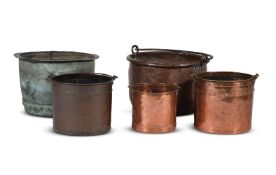 A GROUP OF FIVE VARIOUS COPPER BUCKETS