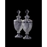 A PAIR OF CONTINENTAL CUT-GLASS URN-SHAPED BONBONIERES AND COVERS