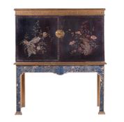 A MAROON LACQUER AND PARCEL GILT CABINET ON STAND, IN 18TH CENTURY STYLE