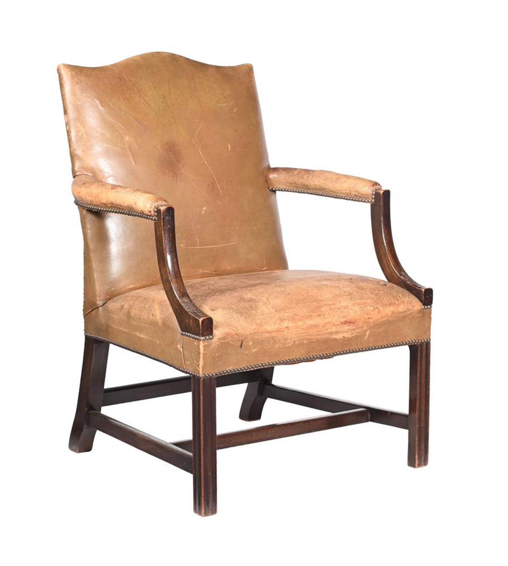 A GEORGE III MAHOGANY AND LEATHER UPHOLSTERED OPEN ARMCHAIR