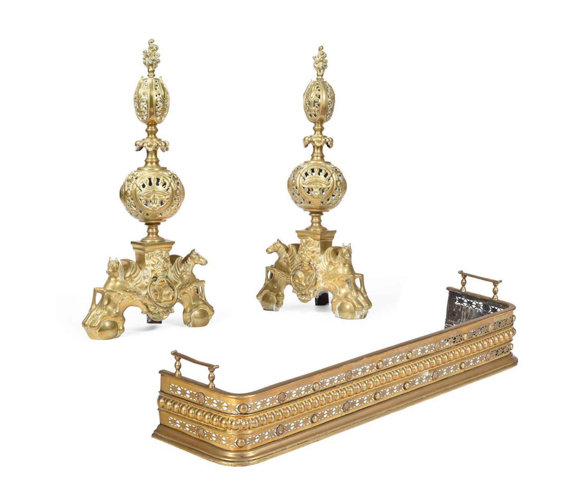 A PAIR OF GILT METAL ANDIRONS OF PIERCED BALUSTER FORM