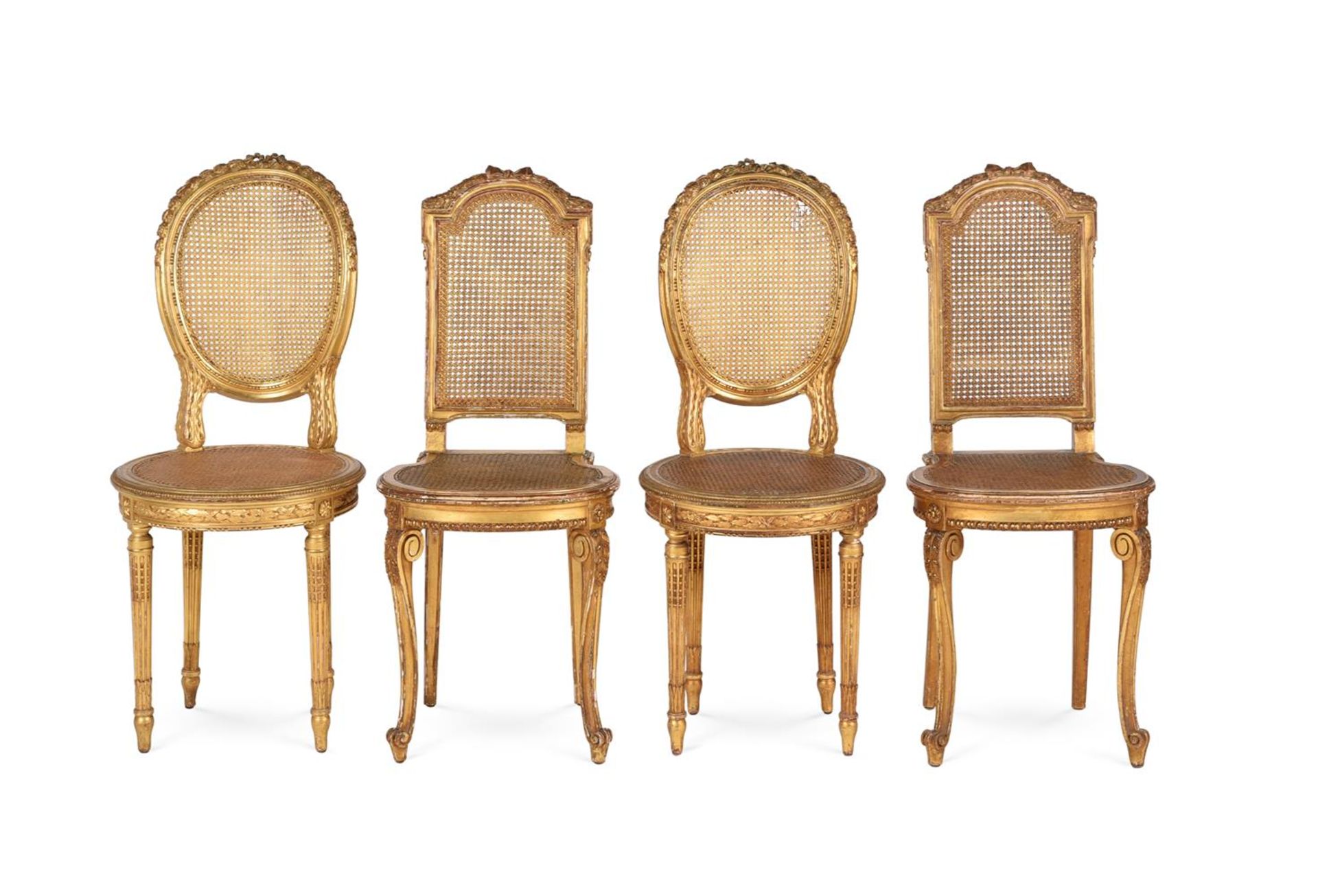 TWO PAIRS OF GILTWOOD SIDE CHAIRS, IN FRENCH LATE 18TH CENTURY TASTE