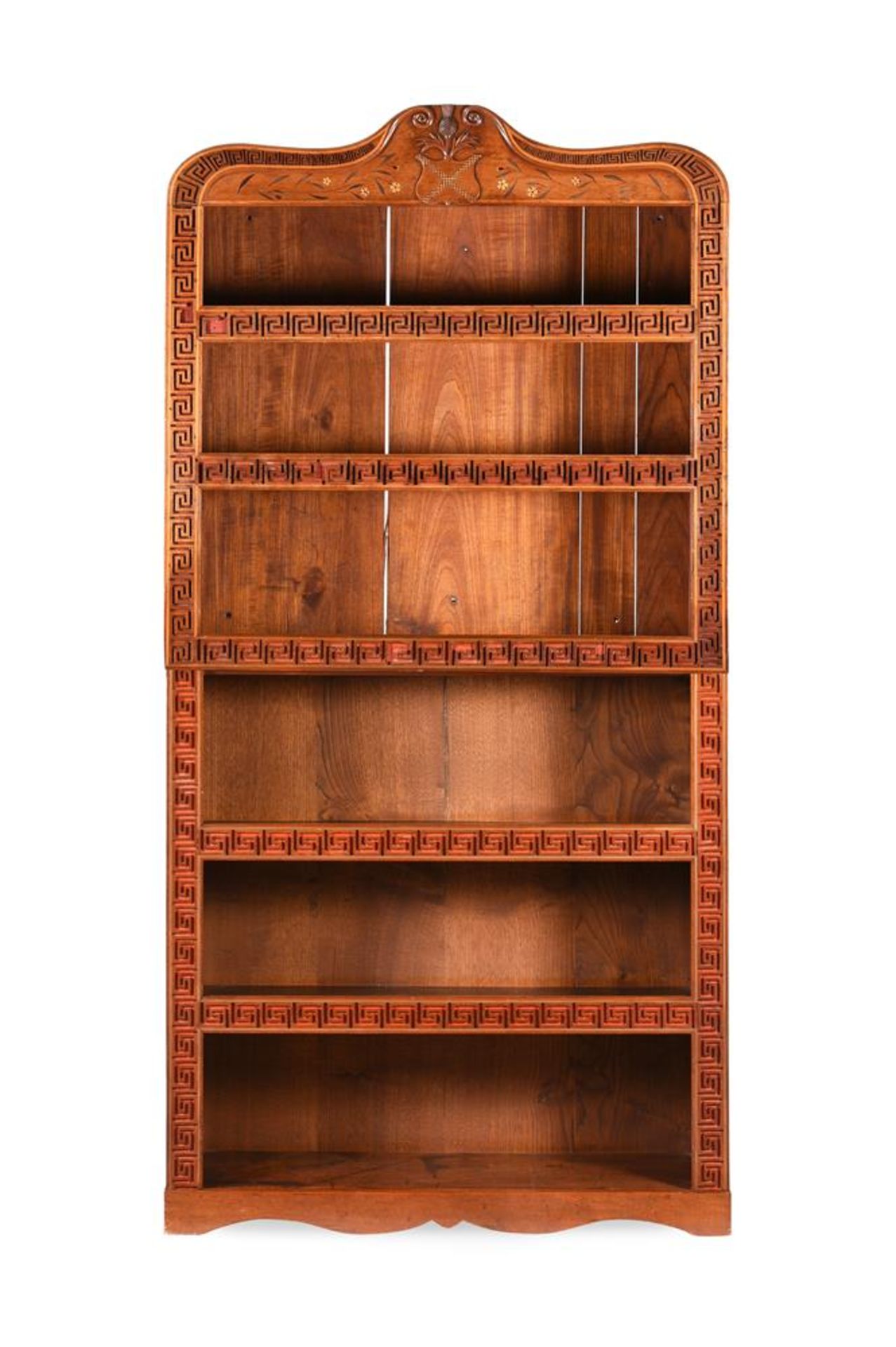 A MAHOGANY AND INLAID OPEN BOOKCASE