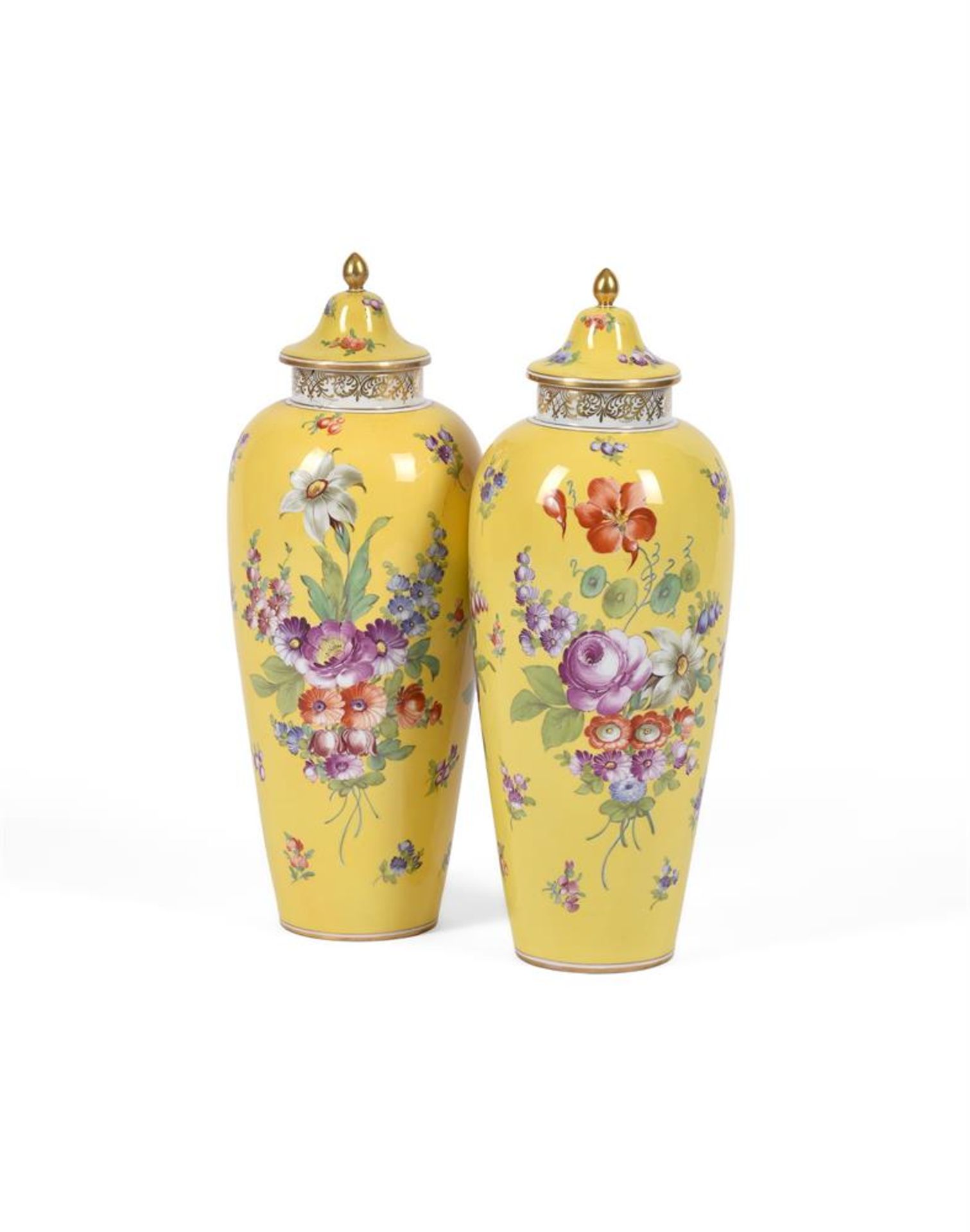 A PAIR OF DRESDEN YELLOW GROUND SLENDER OVOID VASES AND COVERS - Image 2 of 3