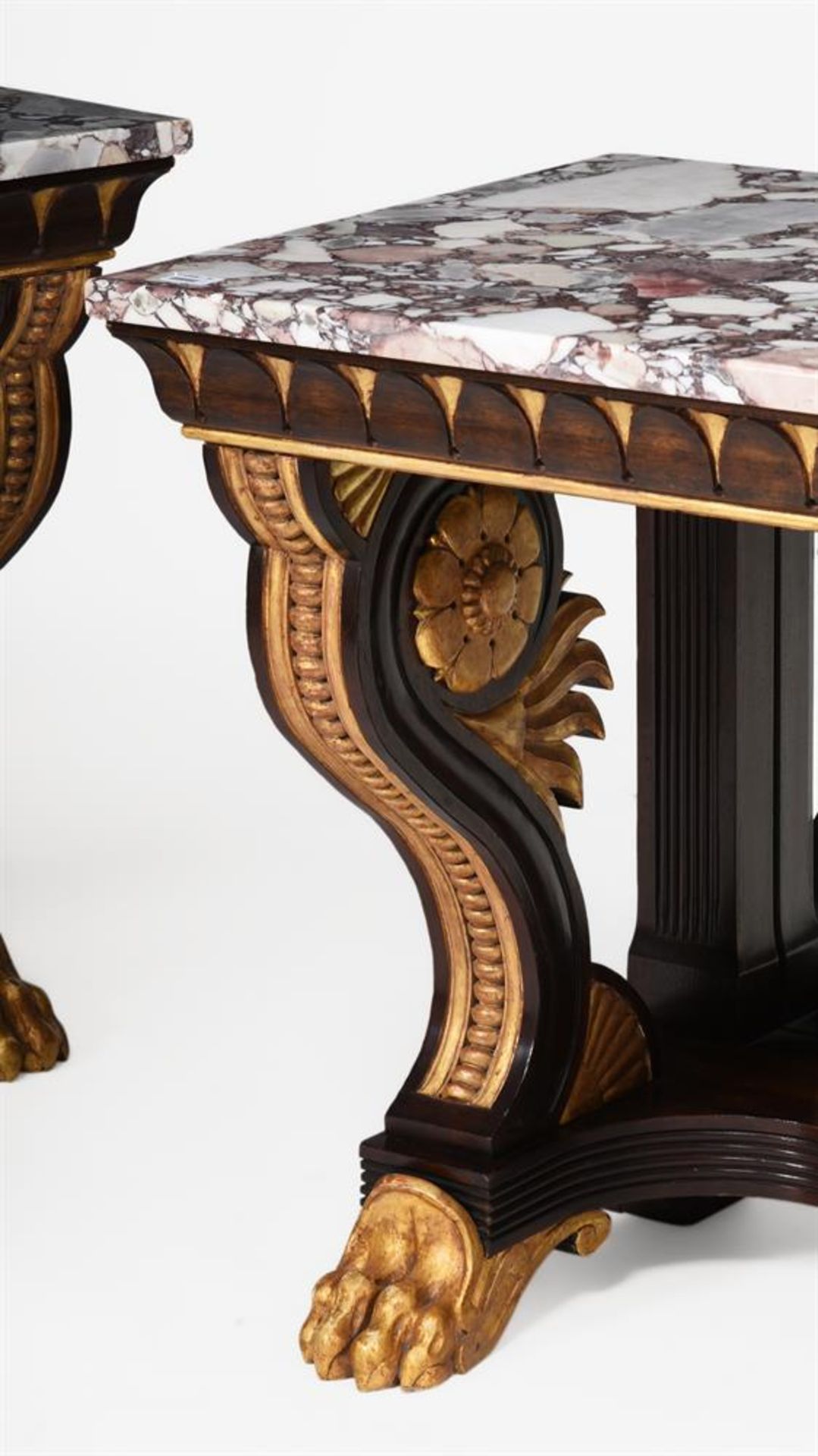 A PAIR OF SIMULATED ROSEWOOD AND PARCEL GILT CONSOLE TABLES IN REGENCY STYLE - Image 4 of 5