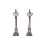 A PAIR OF SILVER PLATED COLUMNAR OIL LAMPS