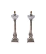 A PAIR OF SILVER PLATED COLUMNAR OIL LAMPS